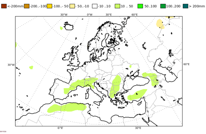 Prognosen Sommer 2023, Niederschlag in Europa, in Millimeter und als Abweichung der Norm