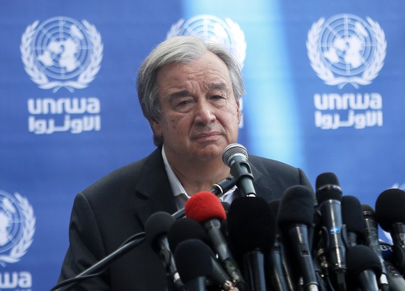 epa06171451 UN Secretary General Antonio Guterres attends a press conference as he vists a UN-run school in the northern Gaza Strip, 30 August 2017. Guterres is on a three- days visit to Israel and th ...