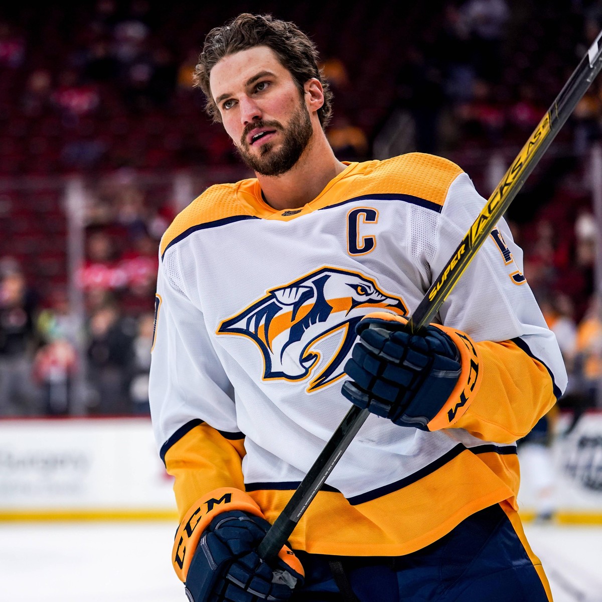 NEWARK, NJ - JANUARY 30: Nashville Predators Defenceman Roman Josi 59 skates some laps during warmups before the game between the Nashville Predators and the New Jersey Devils on January 30, 2020 at t ...