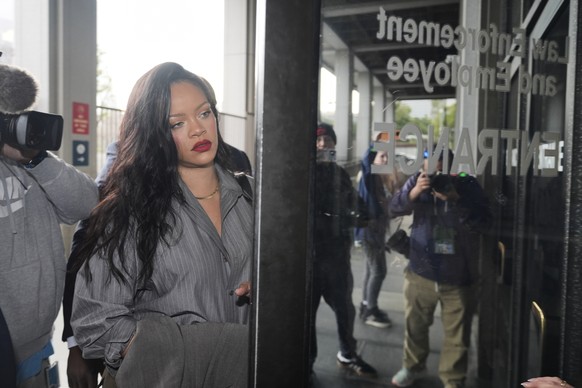 Rihanna arrives at court for the trial of A$AP Rocky, Tuesday, Feb. 18, 2025, in Los Angeles. (AP Photo/Damian Dovarganes)
Rihanna