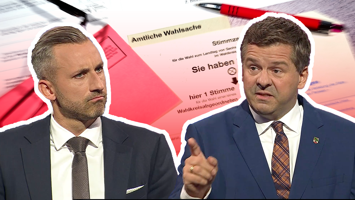 Ulrich Siegmund (AfD, l.) und Ministerpräsident Sven Schulze (CDU) im Magdeburger Landesstudio des Mitteldeutschen Rundfunks.
Mitteldeutscher Rundfunk , «Fakt ist!» , 26. August 2026
Hintergrund: imag ...