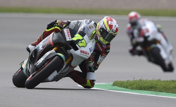 Swiss Moto2 driver Dominique Aegerter competes during an open practice at Sachsenring circuit in Hohenstein-Ernstthal, Germany, Friday, June 30, 2017 ahead of the German Grand Prix on Sunday, July 2.  ...