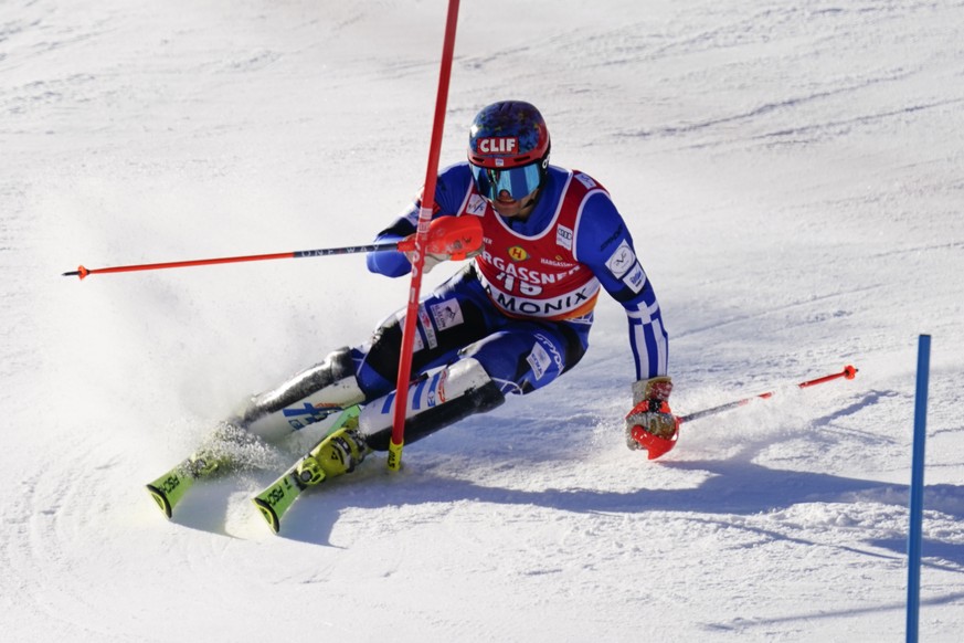 Greece&#039;s Aj Ginnis speeds down the course during an alpine ski, men&#039;s World Cup slalom in Chamonix, France, Saturday, Feb. 4, 2023. (AP Photo/Pier Marco Tacca)