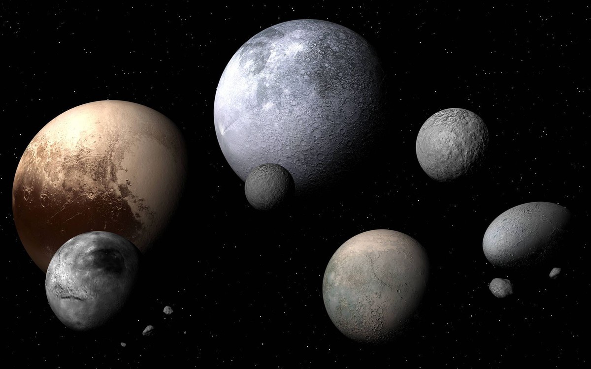 Dwarf planets and moons, illustration Dwarf planets and moons, illustration. A dwarf planet is a planetary mass object orbiting the Sun that is not a true planet. They are massive enough for their sel ...