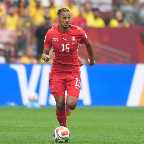 epa13096537 Djibril Sow of Switzerland in action during the FIFA World Cup 2026 Round of 16 match Switzerland against Colombia, in Vancouver, Canada, 07 July 2026. EPA/BOB FRID