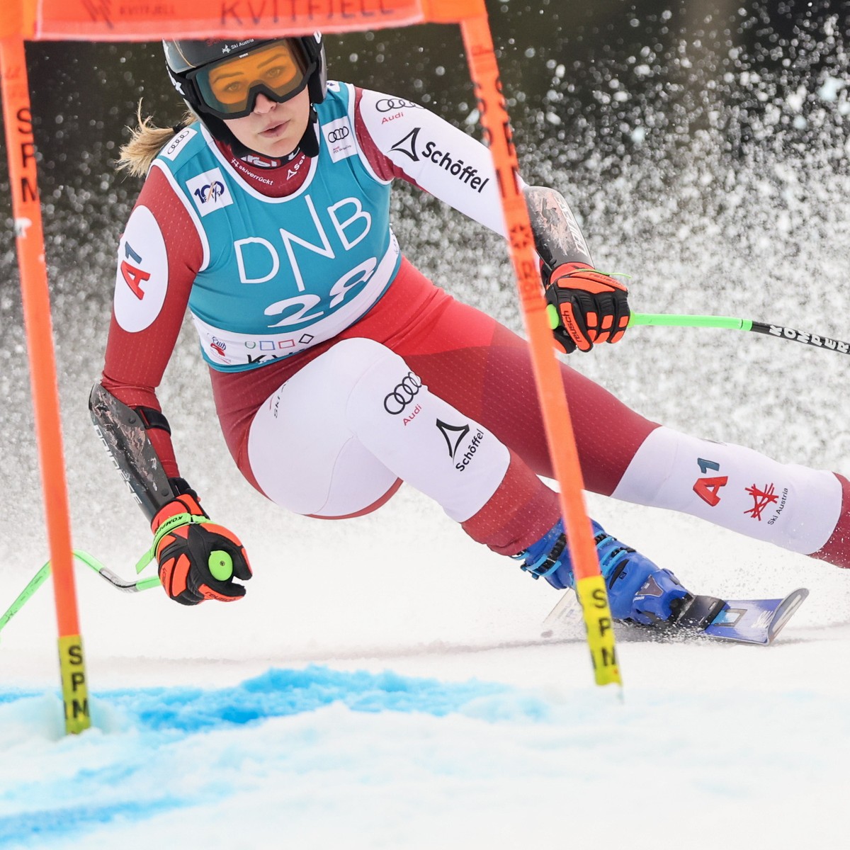 epa11193105 Nadine Fest of Austria in action during the women's Super G race at the FIS Alpine Skiing World Cup in Kvitfjell, Norway, 02 March 2024. EPA/Geir Olsen NORWAY OUT