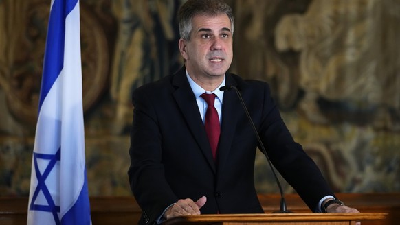 Israeli Foreign Minister Eli Cohen holds a press conference during his visit to Prague, Czech Republic, Tuesday, April 4, 2023. (AP Photo/Petr David Josek)