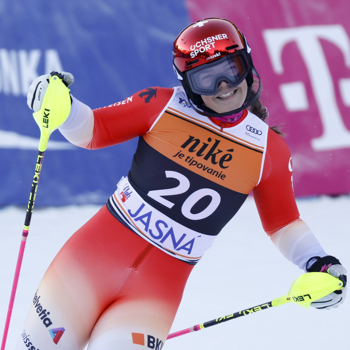 Switzerland's Melanie Meillard reacts at the finish area of an alpine ski, women's World Cup slalom race, in Jasna, Slovakia, Sunday, Jan. 21, 2024. (AP Photo/Giovanni Maria Pizzato)