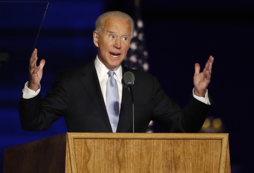 epa08806541 US President-elect Joe Biden delivers his victory address after being declared the winner in the 2020 presidential election in Wilmington, Delaware, USA, 07 November 2020. Biden defeated i ...