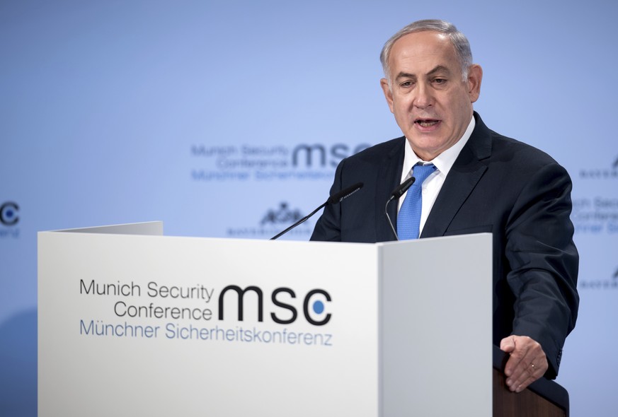 Israel&#039;s Prime Minister Benjamin Netanyahu, delivers a speech during the International Security Conference in Munich, Germany, Sunday, Feb. 18, 2018. (Sven Hoppe/dpa via AP)