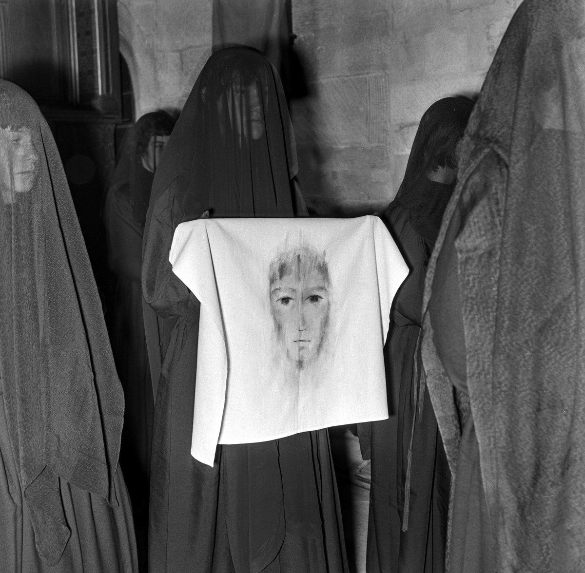 "Les Pleureuses", mourners, pictured in the church of Romont, Canton of Fribourg, Switzerland, on April 9, 1971. According to Good Friday liturgy, cross-bearers dressed in black frocks and v ...