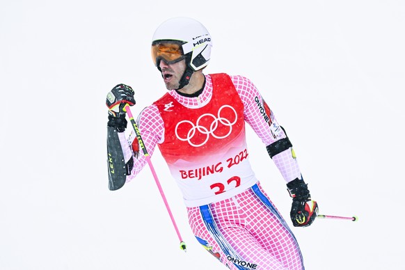Joan Verdu of Andora reacts during the second run of the men&#039;s Alpine Skiing giant slalom race at the 2022 Olympic Winter Games in Yanqing, China, on Sunday, February 13, 2022. (KEYSTONE/Jean-Chr ...