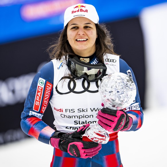 Zrinka Ljutic of Croatia celebrates with the women&#039;s Slalom discipline leader crystal globe trophy at the FIS Alpine Ski World Cup Finals, in Sun Valley Resort, Idaho, United States, Thursday, Ma ...