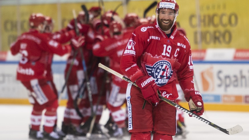 Rapperswiler Andrew Rowe freut sich im Eishockeyspiel der National League zwischen den Rapperswil-Jona Lakers und dem ZSC Lions am Samstag, 21. September 2019, in der St. Galler Kantonalbank Arena in  ...