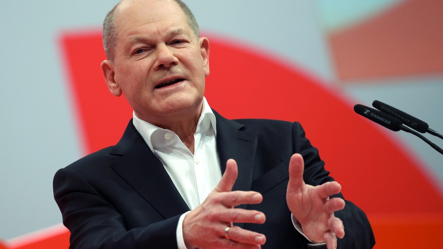 epa11018596 German Chancellor Olaf Scholz speaks during the German Social Democrats (SPD) party conference in Berlin, Germany, 09 December 2023. The first SPD three-day party conference in two years s ...
