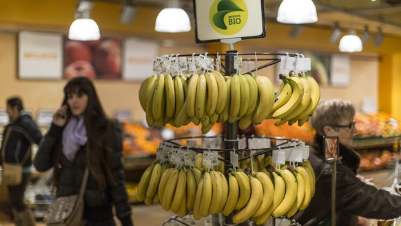 Organic bananas hang from a round stand, pictured on March 5, 2013, at the Migros branch in Baden, Switzerland. Migros is Switzerland&#039;s the largest retail company. (KEYSTONE/Gaetan Bally)

Bio-Ba ...