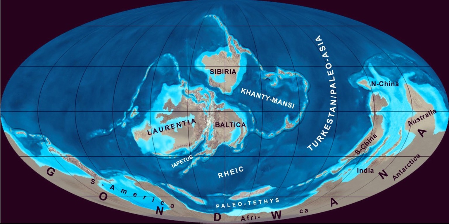 Die Erde vor 430 Millionen Jahren, gegen Ende des Oroviziums.
https://scienceblogs.de/astrodicticum-simplex/files/2015/09/Blakey_430moll_labelled.jpg