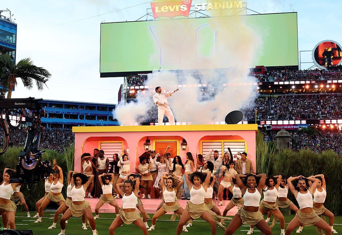 SANTA CLARA, CALIFORNIA - FEBRUARY 08: Bad Bunny performs onstage during the Apple Music Super Bowl LX Halftime Show at Levi's Stadium on February 08, 2026 in Santa Clara, California. (Photo by K ...