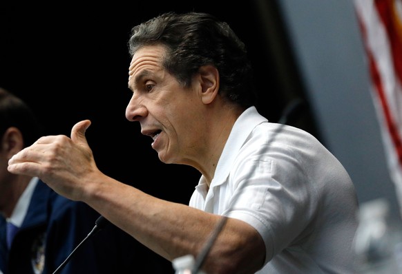 epa08326973 New York State Governor Andrew Cuomo speaks at a press conference at the Jacob Javits Convention Center in New York, New York, USA, 27 March 2020. New York City is now an epicenter of coro ...