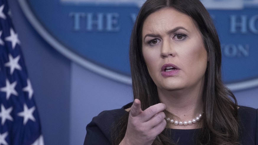 epa06226947 White House Press Secretary Sarah Huckabee Sanders responds to a question from the news media during the daily briefing at the White House in Washington, DC, USA, 25 September 2017. Sander ...