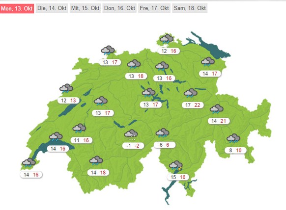 Wetterkarte von Meteo Schweiz für Montag, 13. Oktober