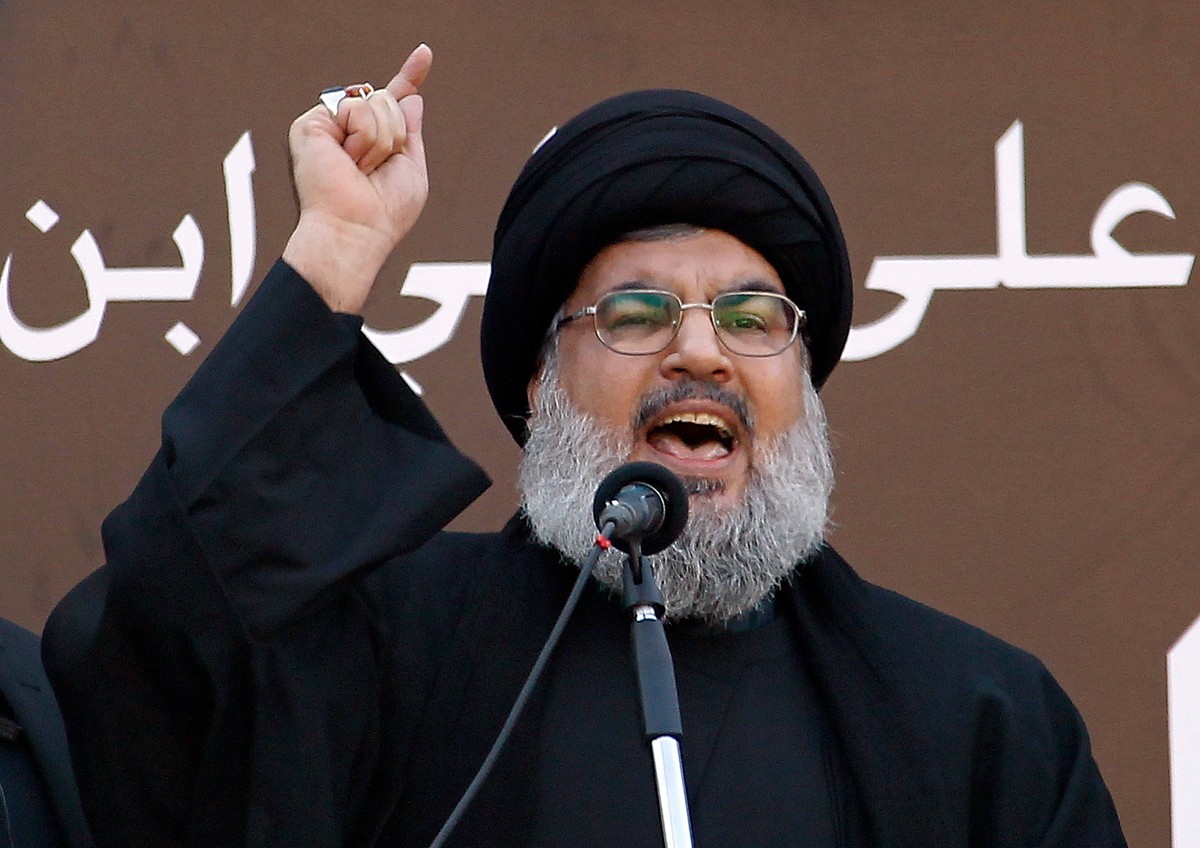 epa11629823 (FILE) - Hezbollah Secretary General Sayyed Hassan Nasrallah speaks to supporters during Ashura day in southern Beirut, Lebanon, 14 November 2013 (reissued 27 September 2024). The Israeli  ...