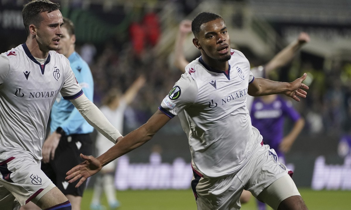 Basel 1893's Andy Diouf celebrates after scoring the goal of 1-1 during a Conference League first leg semifinal soccer match between FC Basel 1893 and ACF Fiorentina, at Artemio Franchi Stadium,  ...