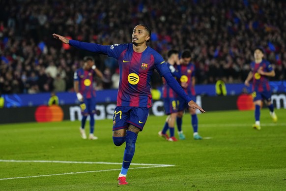 epa12830774 Barcelona's Raphinha celebrates scoring the 7-2 goal during the UEFA Champions League round of 16 second leg soccer match between FC Barcelona and Newcastle United FC, in Barcelona, S ...