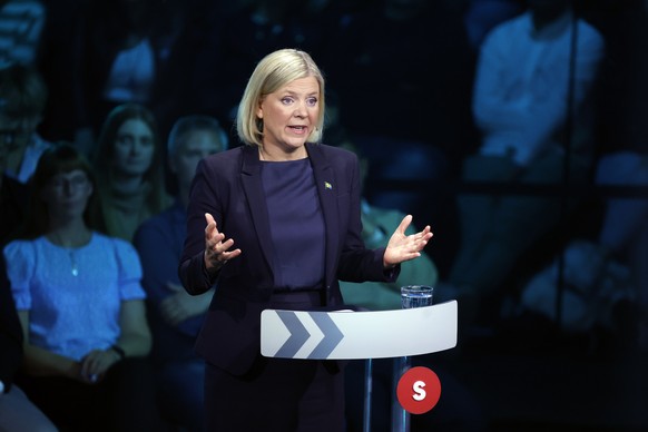 epa10171568 Prime minister Magdalena Andersson, leader of the Social Democrats during a political debate broadcasted on TV4 from Eskilstuna, Sweden, 08 September 2022. General elections will be held i ...