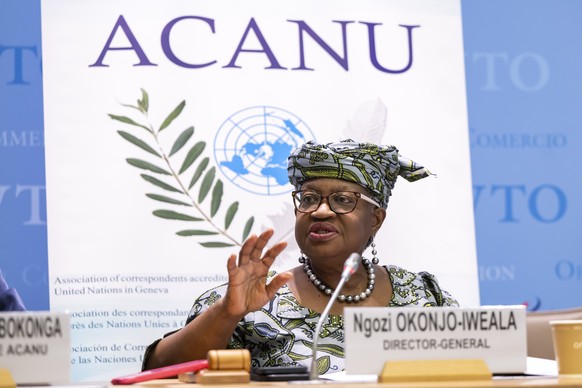 epa12726153 Nigerias Ngozi Okonjo-Iweala, Director-General of the World Trade Organization (WTO), speaks to journalists from ACANU (Association of the Accredited Correspondents to the United Nations) ...