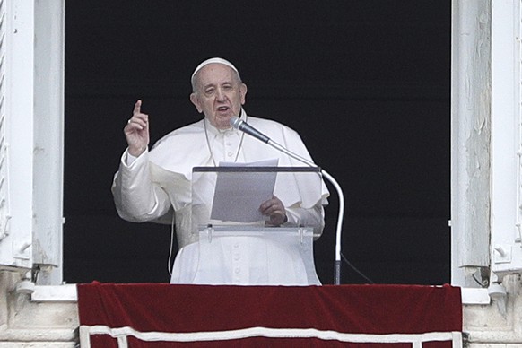 Pope Francis delivers his message during the Angelus noon prayer in St. Peter&#039;s Square at the Vatican, Sunday, May 16, 2021. Pope Francis denounced the ÄúunacceptableÄù spiral of violence betwe ...