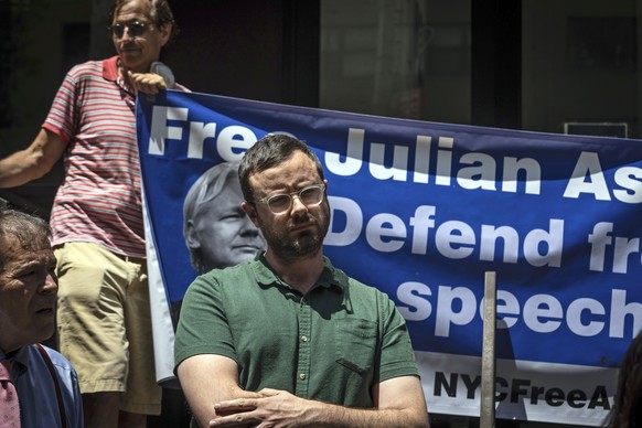 Gabriel Shipton, the brother of Julian Assange, attends a press conference outside the British Consulate in New York on Friday, June 17, 2022. Assange���s family is demanding the United States drop es ...