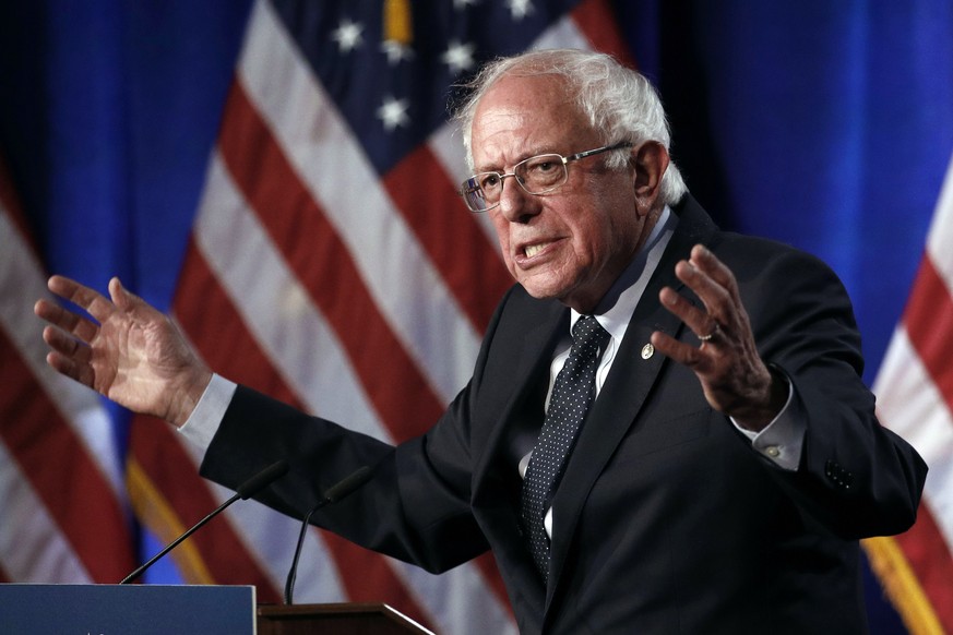 FILE - In this July 17, 2019 file photo, Democratic presidential candidate, Sen. Bernie Sanders, I-Vt., speaks about his &quot;Medicare for All&quot; proposal at George Washington University in Washin ...