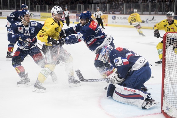 Berns Simon Bodenmann, links, kaempft um den Puck gegen ZSC Goalie Lukas Flueeler, rechts, im zweiten Eishockey Playoff-Halbfinalspiel der National League zwischen den ZSC Lions und dem SC Bern am Don ...