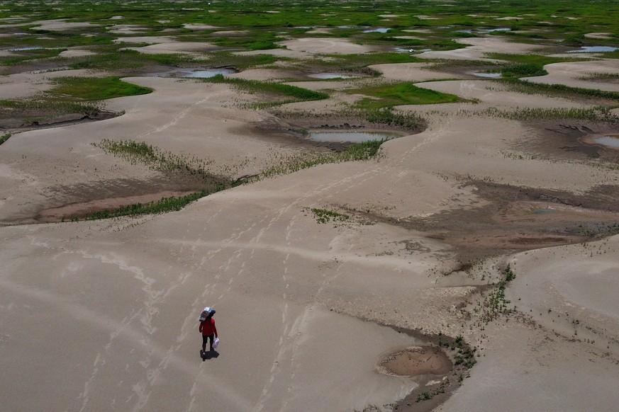 FILE - A resident of a riverside community carries food and containers of drinking water after being distributed due to the ongoing drought in Careiro da Varzea, Amazonas state, Brazil, Oct. 24, 2023. ...