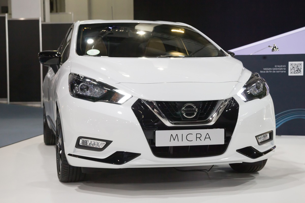 Barcelona, Spain - October 7, 2021: Nissan Micra N-Sport IG-T showcased at Automobile Barcelona 2021 in Barcelona, Spain.