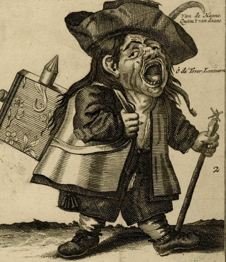 Karikatur eines Aktienhändlers von 1720, der lauthals für Wertpapiere der Mississippi Company und anderen Finanzprodukten wirbt. Auf dem Rücken trägt er eine Zauberlaterne als Symbol für die fantastis ...