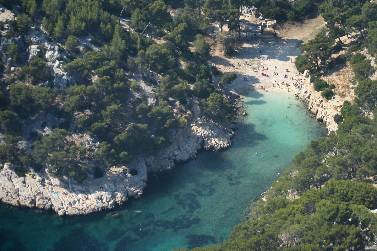 This photo taken on June 30, 2015 shows an aerial view of the Calanques National Park, near Marseille, southern France. (Boris Horvat, Pool image via AP)