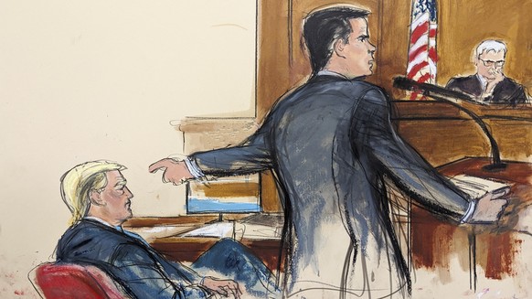 This artist depiction shows defense attorney Todd Blanche pointing at former President Donald Trump while giving his opening statement to the jury in Manhattan criminal court Monday, April 22, 2024, i ...