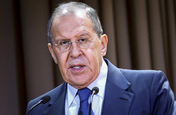 In this handout photo released by the Russian Foreign Ministry Press Service, Russian Foreign Minister Sergey Lavrov speaks on the side of the meeting dedicated to the 25th anniversary of the House of ...