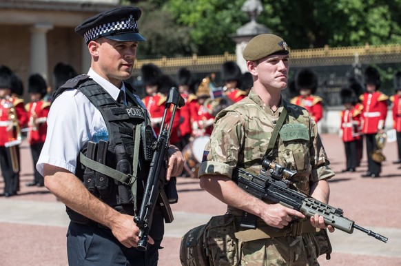 epa05991865 A handout photo made available by the British Ministry of Defence (MOD) shows Police and a soldier from the Coldstream Guards providing security outside the Buckingham Palace during the Ch ...