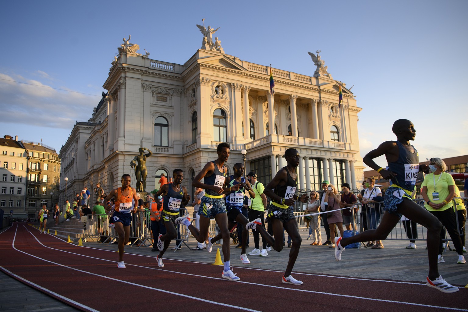 Competitors run the 5000m Men during the city event of the Weltklasse IAAF Diamond League international athletics meeting on Sechselaeutenplatz in Zurich, Switzerland, Wednesday, September 8, 2021. (K ...