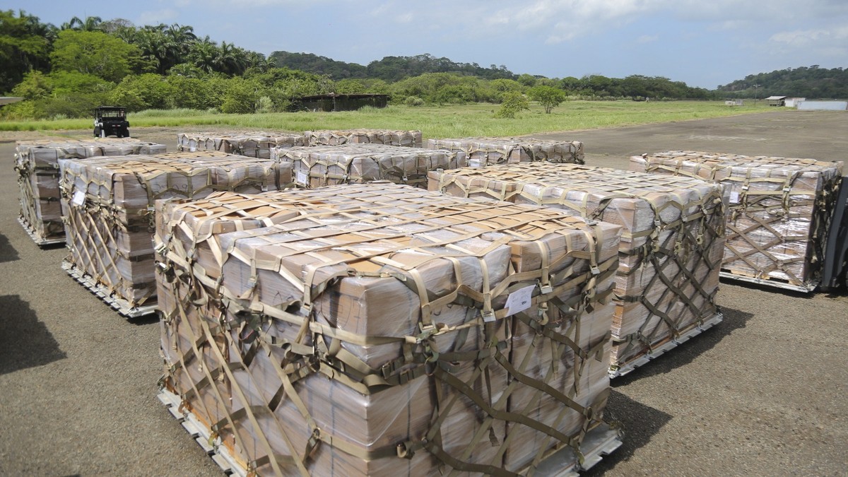 epa10637612 A handout photo made available by Panama's Ministry of Public Security shows 49 tons of cocaine seized by the Public Force at the Panama Pacifico International Airport in Panama City, ...