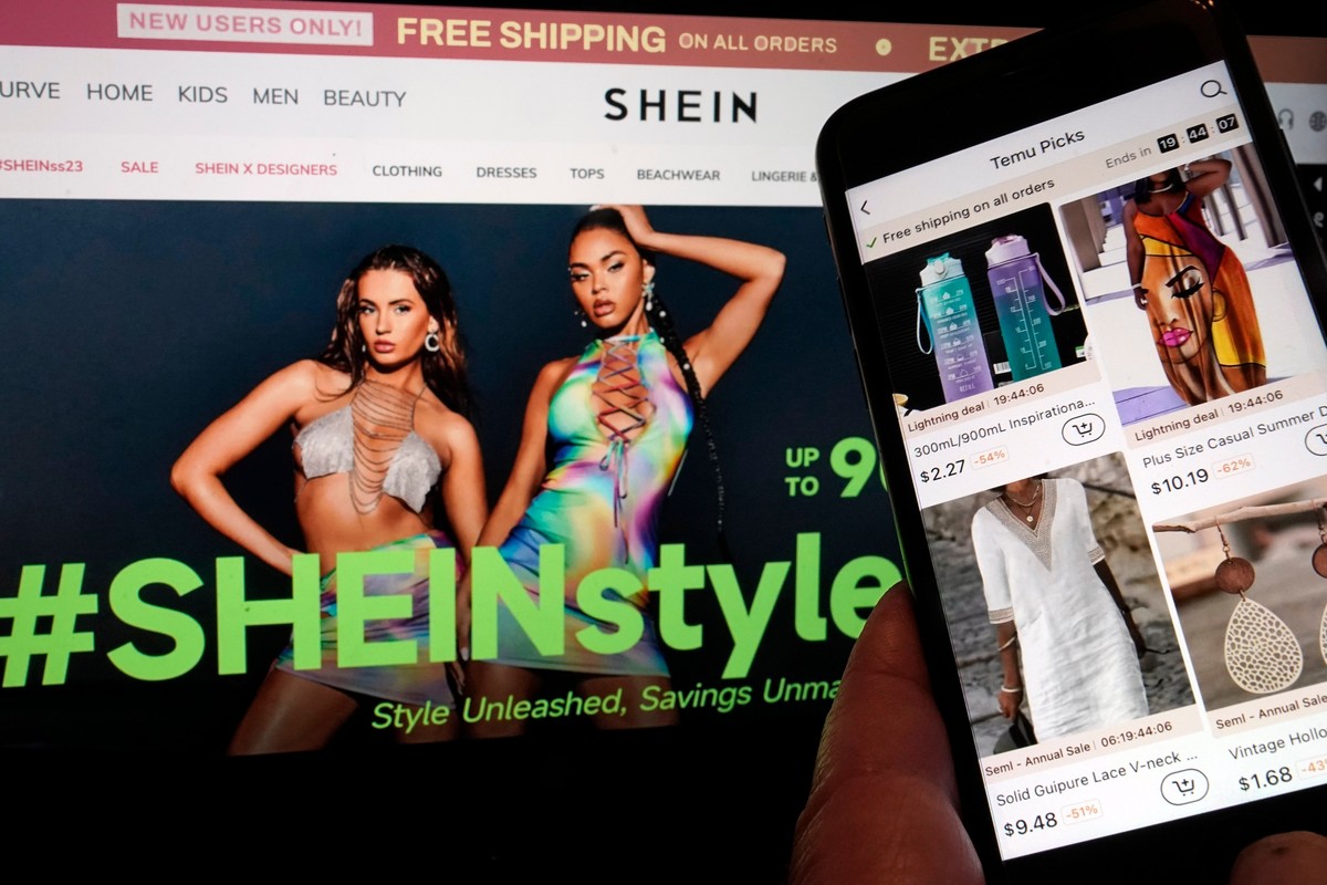 FILE - Pages from the Shein website, left, and from the Temu site, right, are shown in this photo, in New York, June 23, 2023. (AP Photo/Richard Drew, File)
China Trade