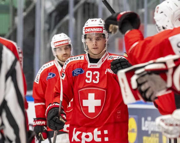 epa12939035 Switzerland's Theo Rochette celebrates his 0-2 goal during the match between Switzerland and Finland at the Beijer Hockey Games in Angelholm, Sweden, 07 May 2026. EPA/JOHAN NILSSON SW ...
