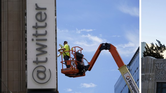 In this combination of 2023 photos, a worker removes parts of a sign on the Twitter headquarters building in San Francisco, on July 24, right; and workers install lighting on an "X" sign ato ...