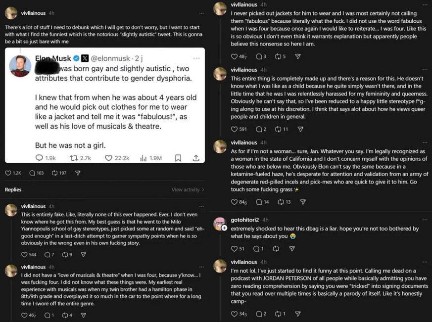 Vivian Jenna Wilson, Tochter von Elon Musk bezichtigt ihn ein Lügner zu sein auf der Plattform Threads.