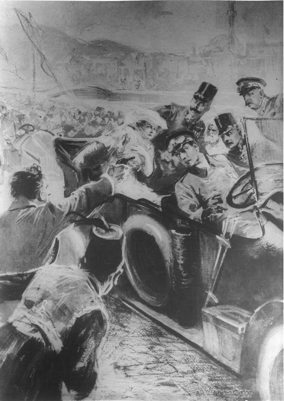 Die Ermordung Franz Ferdinands und seiner Gemahlin Sophie in Sarajevo 1914.  