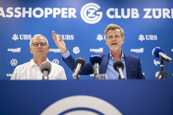 Sportchef Alain Sutter, rechts, und Harald Gaertner, Managing Director Europe von LAFC, informieren ueber die vergangene Saison und die kuenftige Entwicklung des Grasshopper Club Zuerichs (GC), aufgen ...