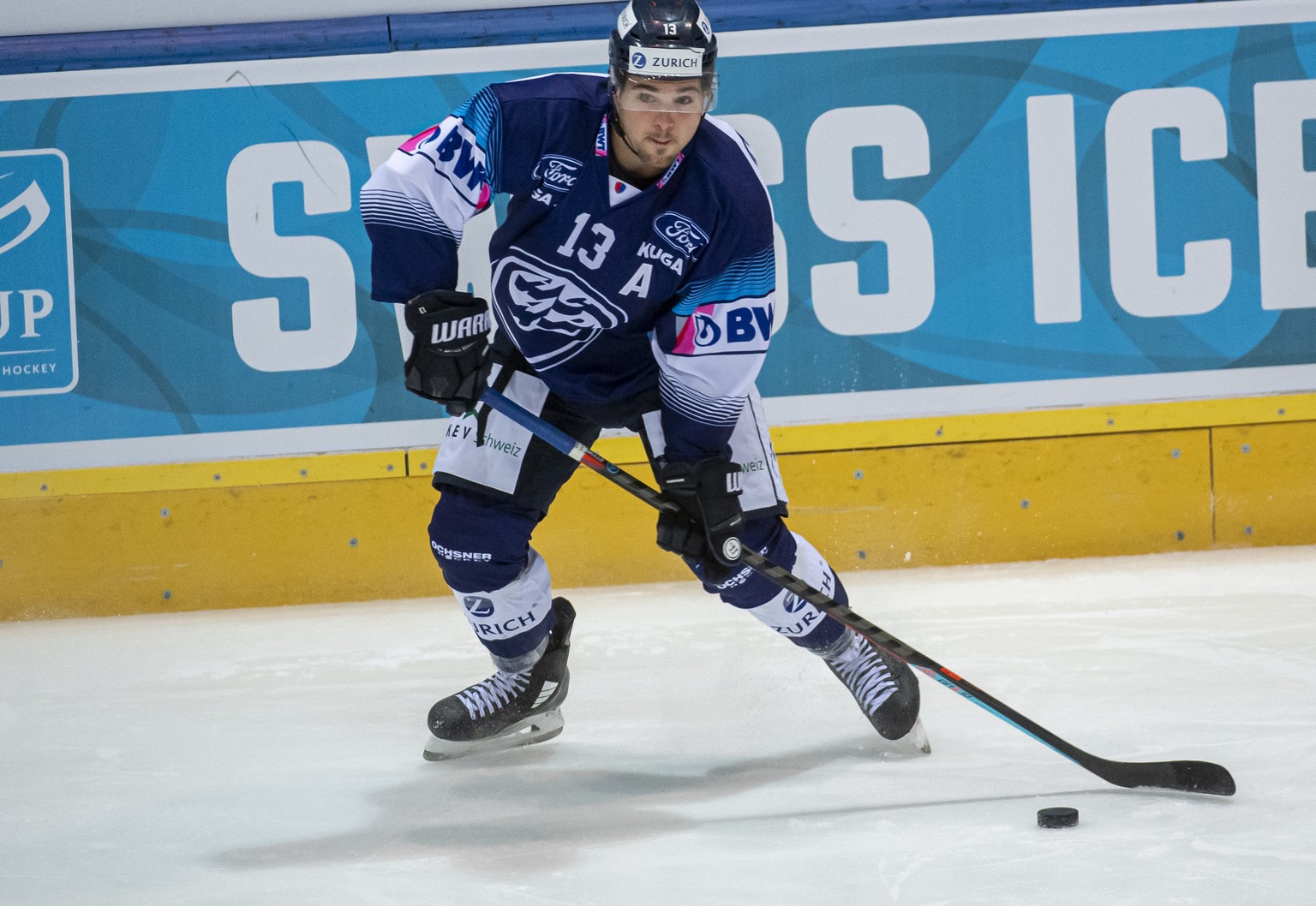 Ambri's player Marco Mueller during the 1/4 final of Swiss Cup 2020/21, between HC Ambri-Piotta against HC Fribourg-Gotteron, at the Valascia stadium in Ambri, Switzerland, Monday, November 30, 2020.  ...